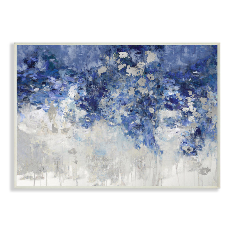 Fleurs bleues en cascade abstraites par Nikki Robbins - Peinture, H 13 po x l 19 po, Bois