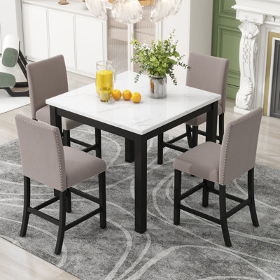 5-Piece Counter Height Dining Table Set With One Faux Marble Top Dining Table And Four Velvet-Upholstered Chairs