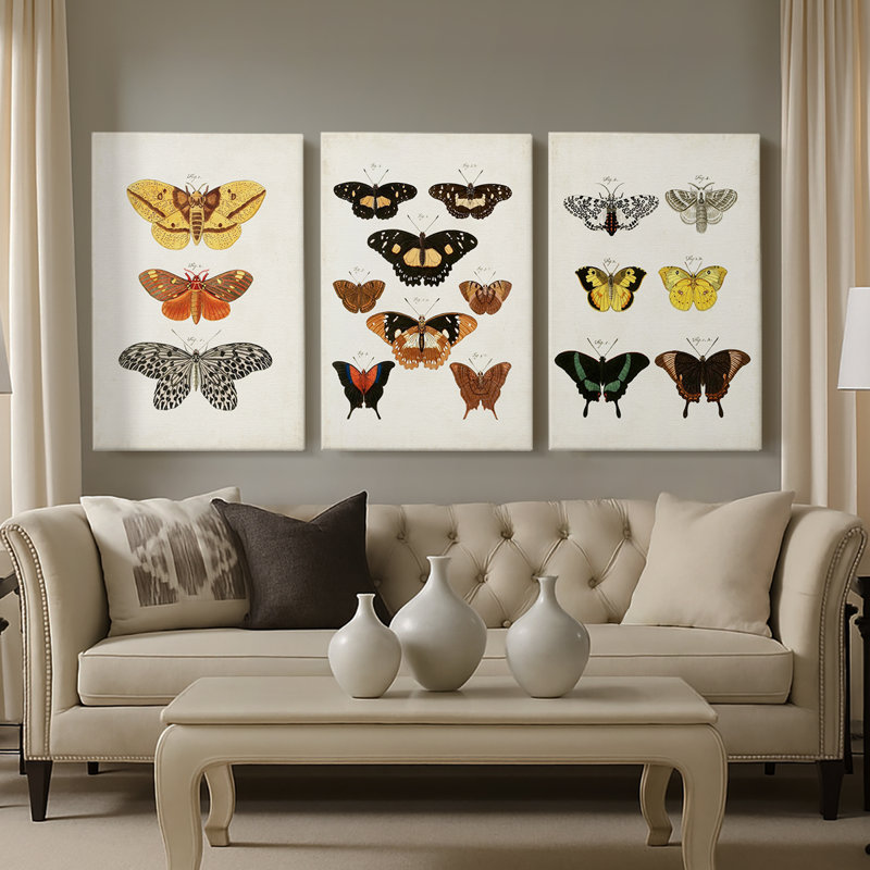 Papillons rétro IV - Toile tendue avec châssis sur mesure - 3 pièces, H 12 po x l 24 po