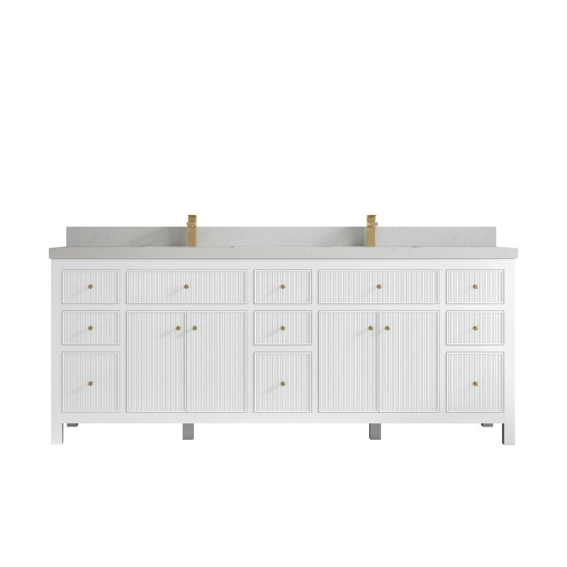 84'' Double Bathroom Vanity with Top, White, Carrara Quartz