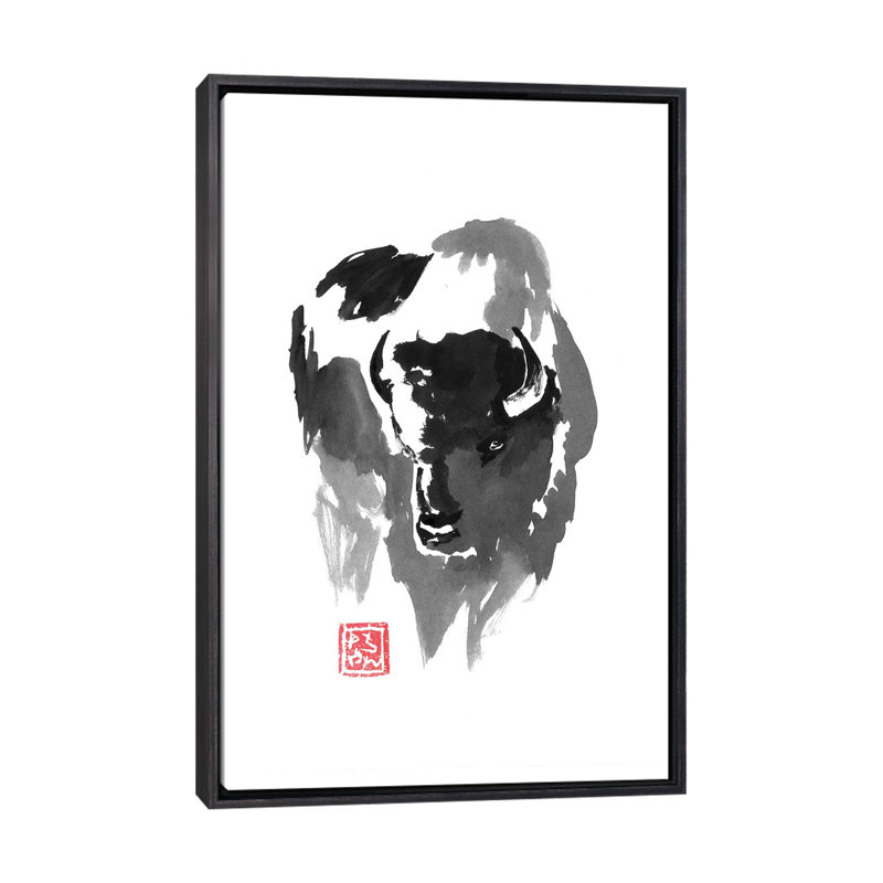 Buffle par Péchane - impression d'art graphique, H 26 po x l 18 po x 1,5 po, Toile avec cadre noir patiné, Pas de tapis