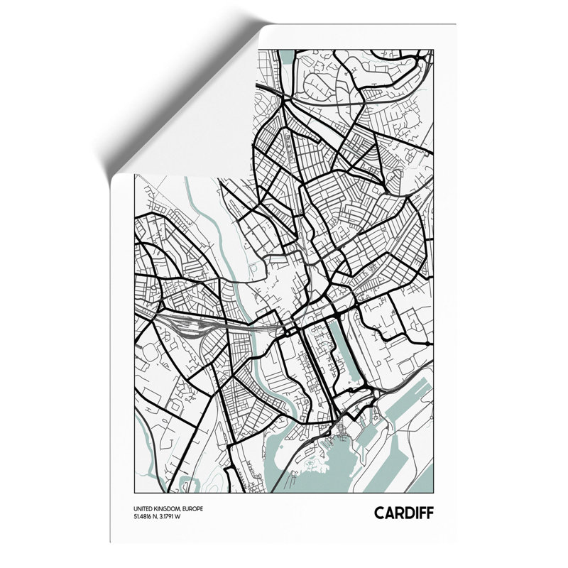 Map Cardiff UK - Unframed Graphic Art, 30cm H x 21cm W x 0.1cm D