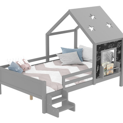 Gray Full House Platform Bed With Low - Profile Stairs, Window, Bookcase, Blackboard, And Star Roof, Long Lasting Functionality, No Box Spring Solid Wood Easy Assembly Process,