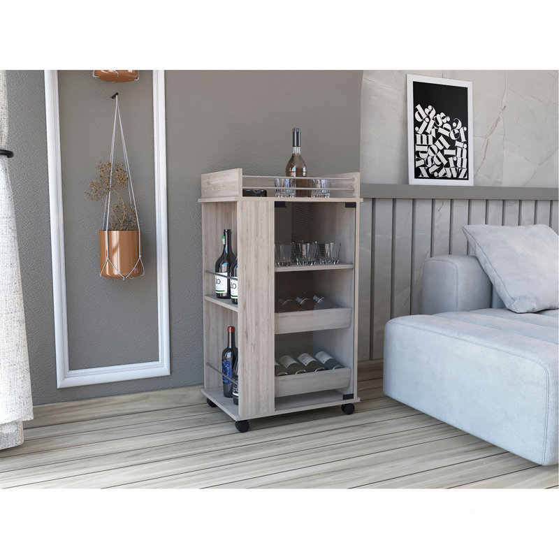 Chariot-bar avec porte vitrée, 2 tablettes latérales et roulettes, Blanc