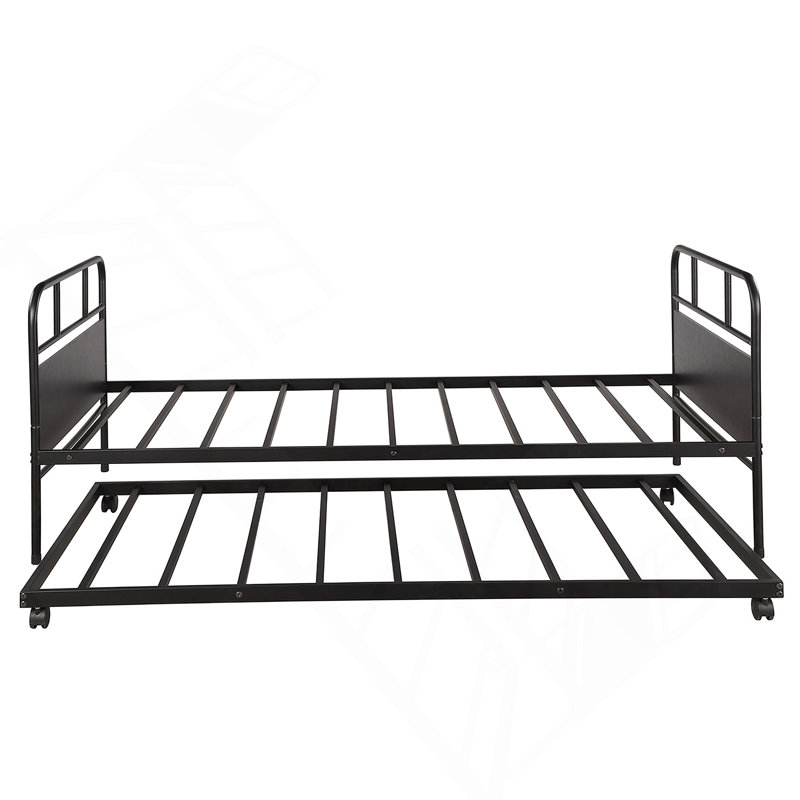 Metal Daybed Platform Bed Frame with Trundle Built-in Casters