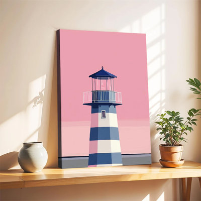 Illustration minimaliste d'un phare rayé rose pastel dans un ciel plat, grande toile tendue sur châssis pour salon ou chambre.