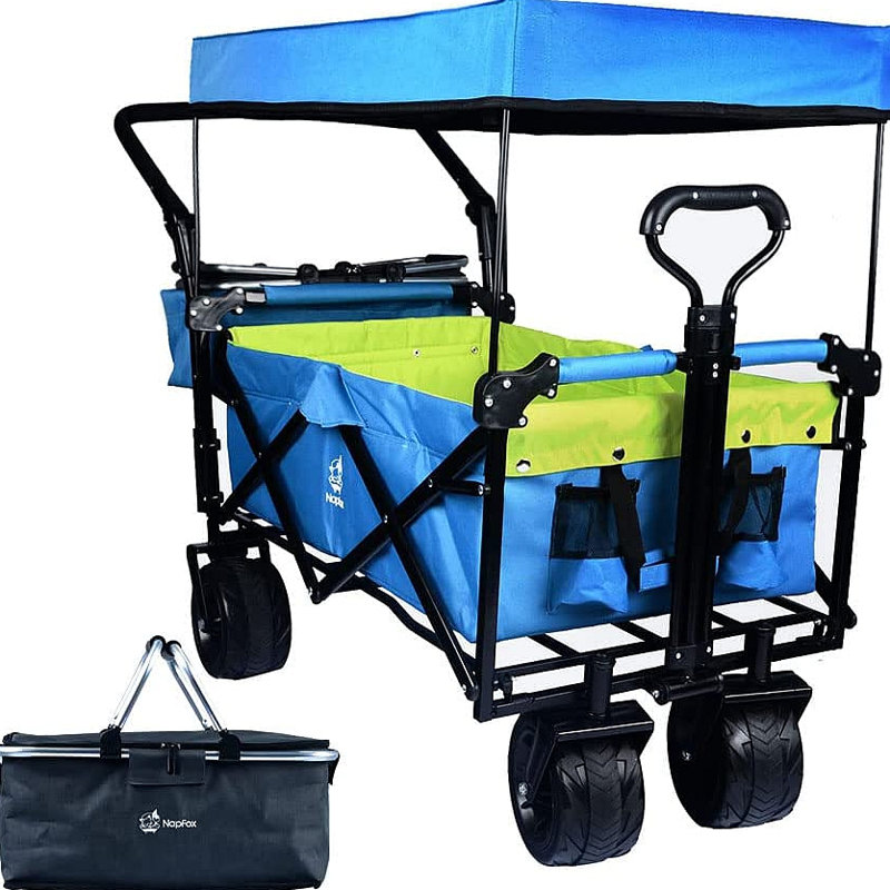 Chariots pliables avec wagons de 140 L pliables avec auvent amovible, chariot pliable avec roues pour tout-terrain avec frein, chariot pliable avec sac isotherme, pour le camping