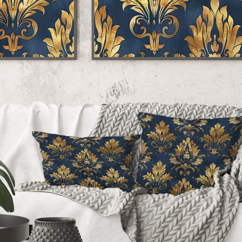 Blue Gold Timeless Damask Art I - Transitional Lumbar Pillow