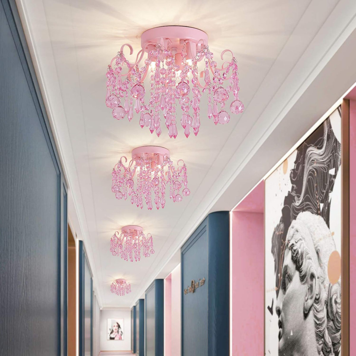 Mini Chandelier Crystal,Semi Flush Mount Pink Girl Chandelier
