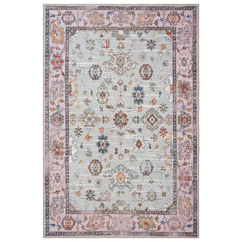 GLN Rugs Traditional Collection - Machine Washable Area Rug, Traditional Washable Rug, Non Slip Washable Rug, Low Pile Chenille Living Room Rug, Bedroom Rug, Kitchen Rug (Pink and Gray Rug)