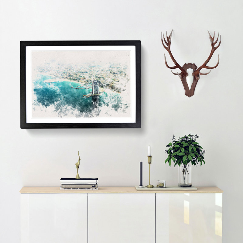 Burj Al Arab Hotel Dubai Skyline - Framed Print, 45cm H x 63cm W x 2cm D, Black Framed