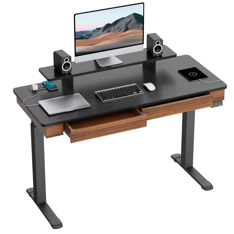 Metal Base Standing Desk with Power Outlet, Black/Brown, 122cm H x 140cm W x 61cm D