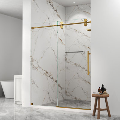 Frameless Single Sliding Shower Door With Sgcc Certified 5/16" Clear Tempered Glass, Accessories