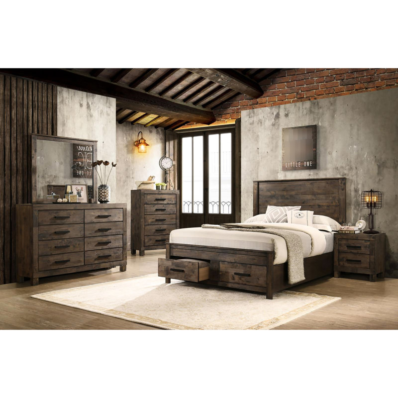Grand lit rustique avec rangement et tête de lit en bois fabriqué à la main brun doré
