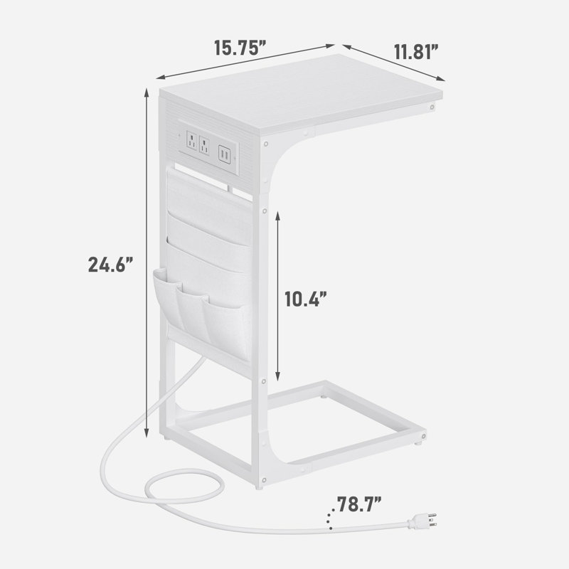 Shaped Side Table With Charging Stations - Versatile White Couch Table For Snacks & Laptops