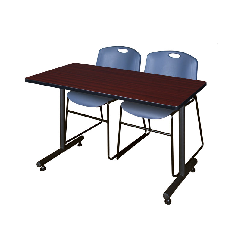 Table de formation en T Nick Nick, 2 chaises empilables Zeng, H 29 po x L 48 po x l 24 po, Bleu, Acajou
