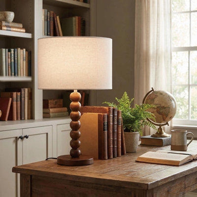 17.5" Retro Walnut Rubberwood Table Lamp with Sculptural Stacked Sphere Base and Cream Linen Drum Shade, cULus Certified for Living Room Side Tables, Bedroom Corners, Home Offices or Study Rooms