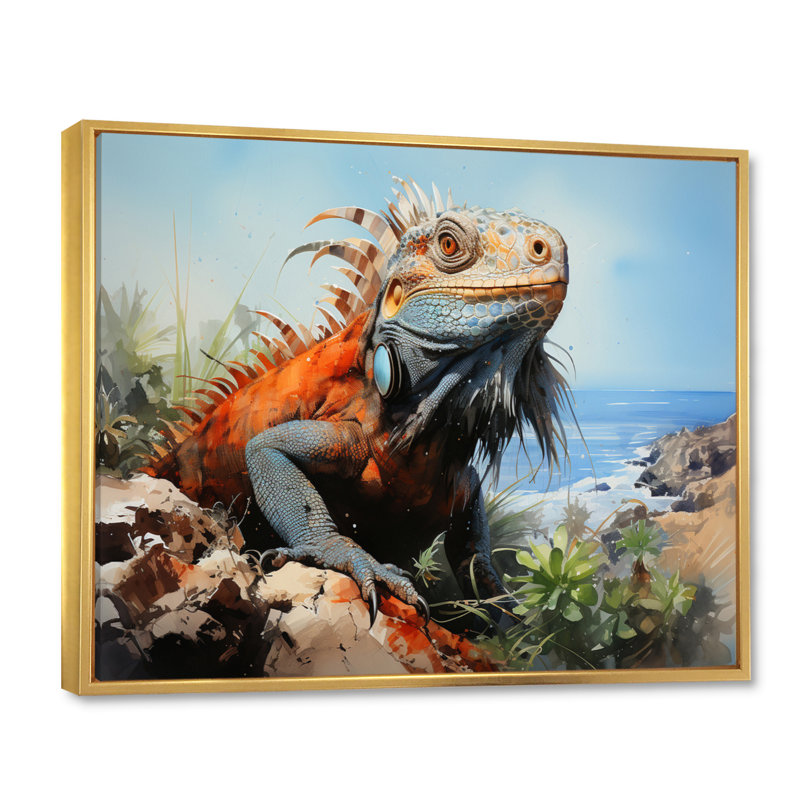 Lézard sur un rocher I sur toile, H 16 po x l 32 po x P 1 po, Cadre flottant doré