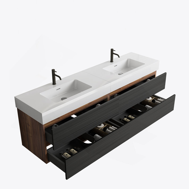 Meuble-lavabo avec tiroirs, meuble-lavabo mural flottant pour salle de bain, Blanc