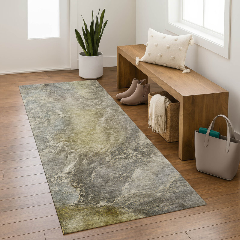 Premium Machine Washable Mayfield AMF2307 Abstract Rug, 2'3" x 7'6" Runner, Pewter