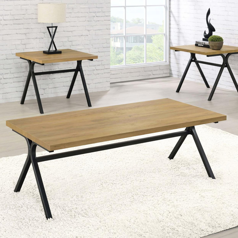 3 tables en chêne doré et bronze industriel - Tables rectangulaires en mélange d'éléments rustiques modernes