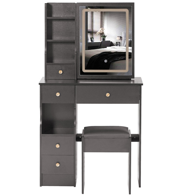 Petit meuble-lavabo de 29,2 po avec tabouret de bureau et tabouret rembourré à gauche 29,5 po, grande commande tactile, interrupteur tricolore, miroir à luminosité réglable, rangement à grande capacité, convient aux petits espaces