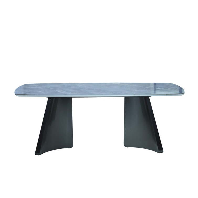 Luxury Rectangle Dining Table - Snow Mountain Durable Stone Surface with Gunmetal Base