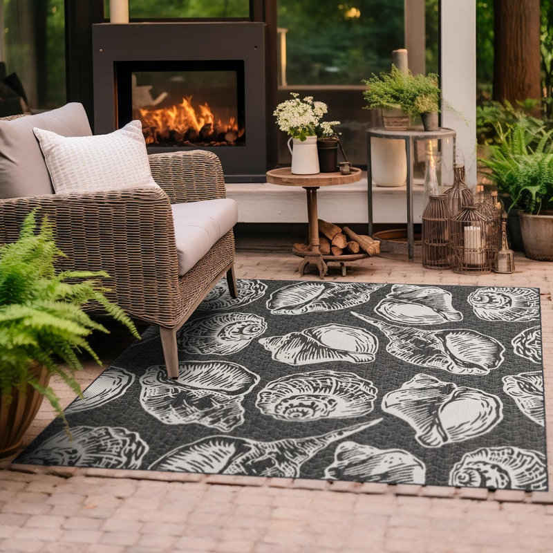 Tapis intérieur / extérieur en plastique polypropylène tissé à la machine Angelys noir / beige / blanc, Carré 10 pi