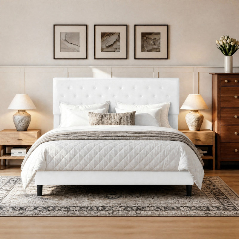 Upholstered Vegan Leather Tufted Platform Bed with Iron Frame, Low Profile Metal Bed Frame, Full, White
