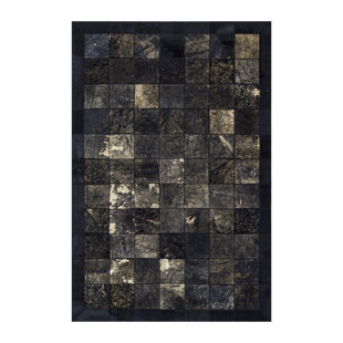 Beige Detailed Black Cowhide Patchwork Rugs