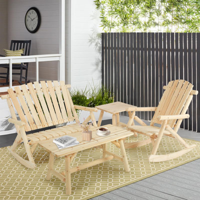 Ensemble bistro 4 pièces en bois pour l'extérieur, ensemble de chaise berçante Adirondack avec banc à bascule, chaise berçante en bois rond et 2 tables basses, ensemble de meubles de patio en bois, dossier haut et siège à lattes