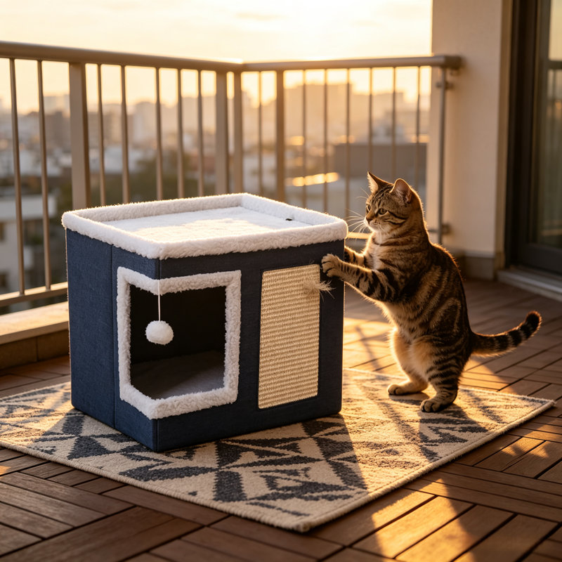 Habitation pour chat pliable avec patin à griffer, maison de refuge pour chat confortable avec dessus moelleux, Navy
