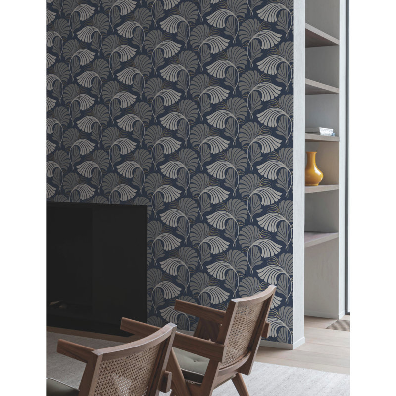 Floral Non-Pasted Metallic Wallpaper Roll by Candice Olson, Navy