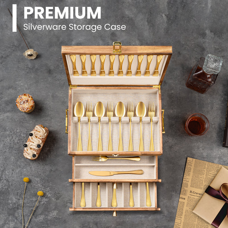 3-layer Silverware Storage Box With Drawer, Wooden Silverware Chest With Handle And Linen Liner For Storing Fine Flatware And Utensils,torched Wood
