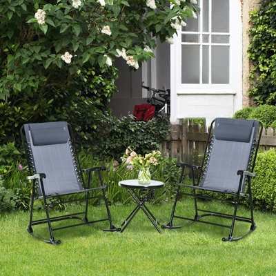 Chaise berçante de patio grise, bistro pliant d'extérieur 3 pièces avec café en verre trempé gris, pour chaises de patio, de terrasse, de jardin et dessus