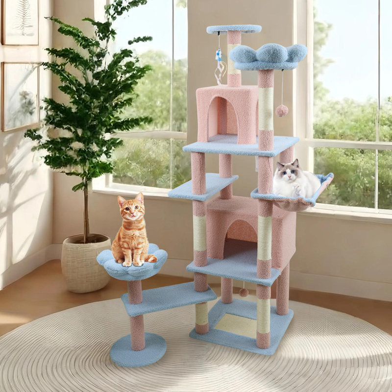 Arbre à chat 71 pouces avec grand coussin de fleurs amovible et hamac, Bleu