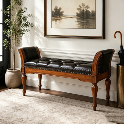 Banc de repose-pieds 54 po en similicuir capitonné à boutons, banc de bout rembourré rétro avec coussin moelleux, structure en bois massif