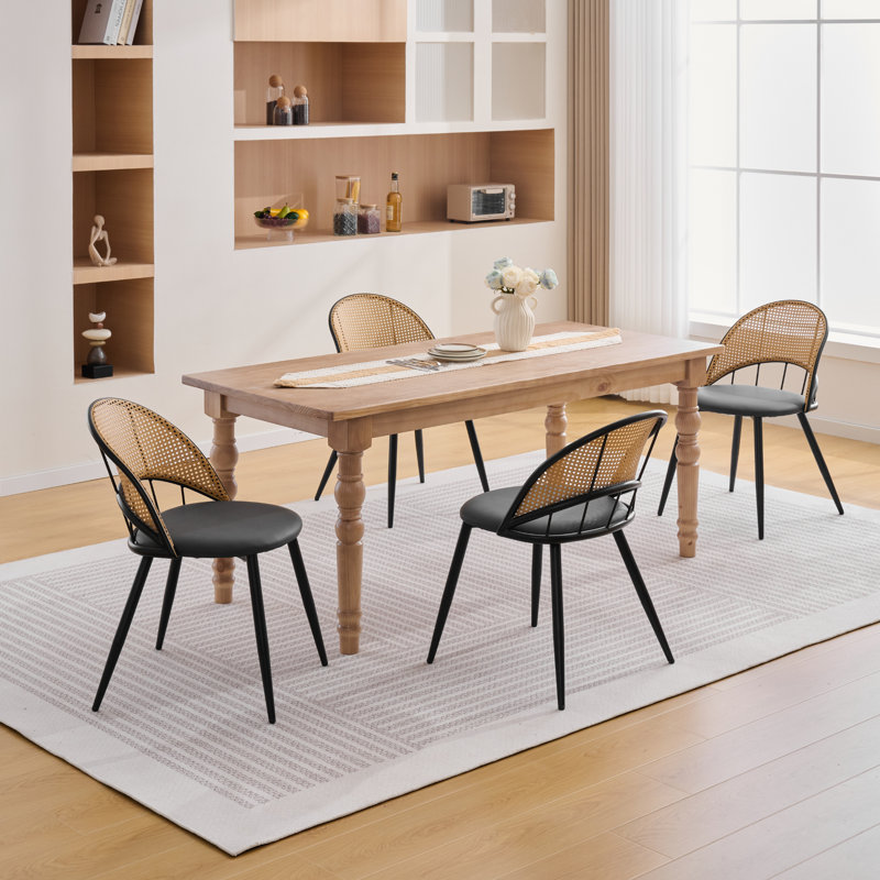 Chaises de salle à manger en simili cuir à dossier en rotin, Noir, noir, noir, noir