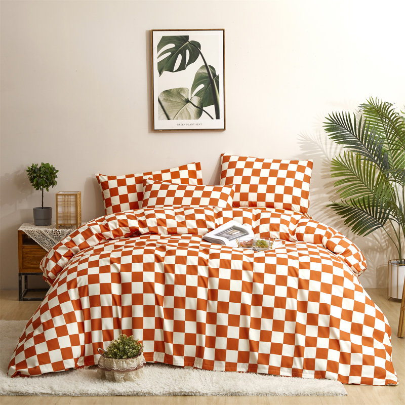 Grid Comforter Set Plaid Bedding Set 1 Checkered Comforter with Pillowcases, Orange/White Grid