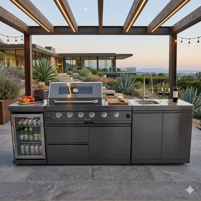 82" Propane Gas Grill Island With 6 Burners, 85,000 BTU Stainless Steel Outdoor Kitchen With Refrigerator And Granite Countertop, Black