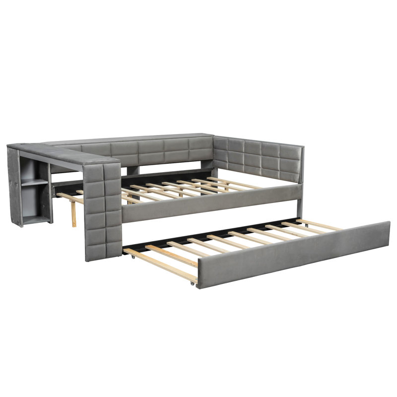 Lit tapissier gris avec tablettes de rangement intégrées, bureau, ports de chargement et lit gigogne pour rangement multifonctionnel, mise à niveau de chambre à coucher
