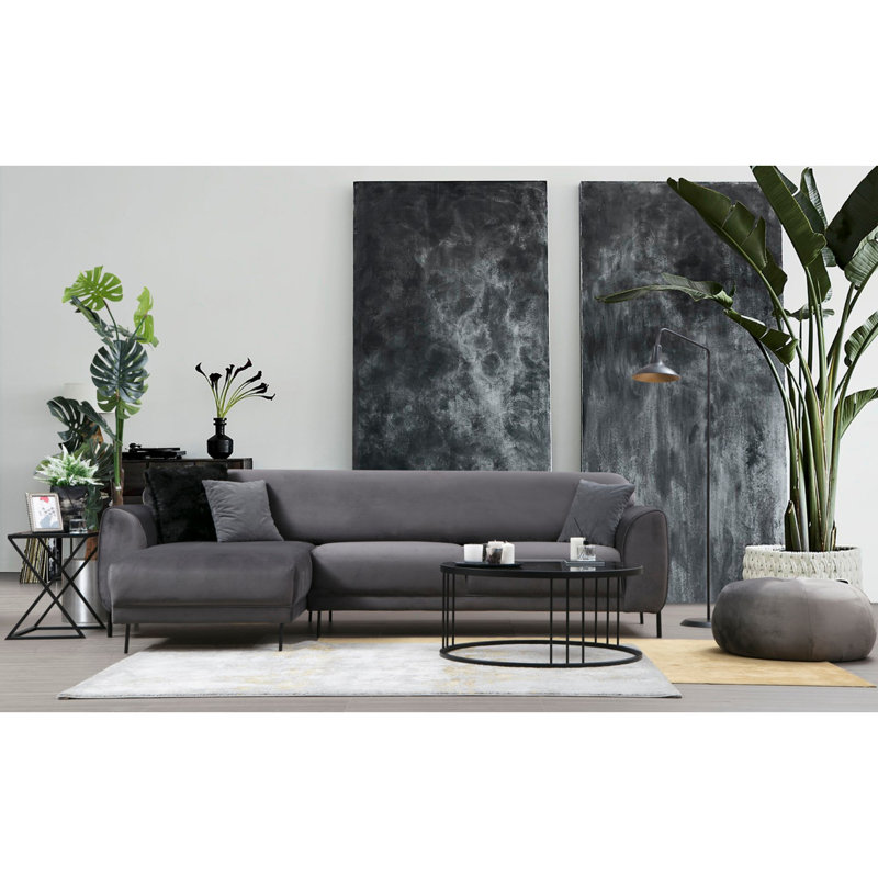 Élégant canapé-lit d'angle, anthracite, 113,0 po x 66,5 po x 33,5 po | Structure en bois de hêtre et en carton, tissu 100% polyester | Coussins confortables en mousse et en silicone de 10,0 cm | Comprend 2 coussins de 18,0 x 18,0 pouces | Design scandinave moderne