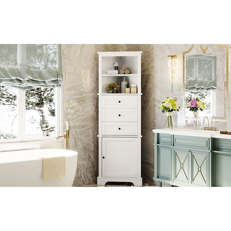 Tall White Triangle Cabinet With 3 Drawers And Adjustable Shelves, Board Painted Finish, Fits Any Home Style Decoration
