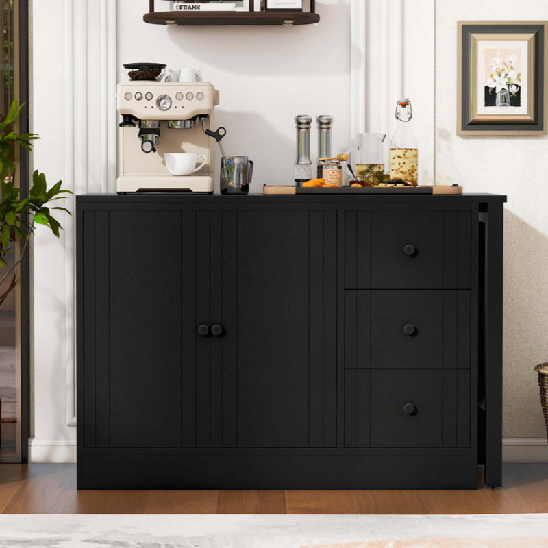 Buffet en bois avec table extensible, armoire de rangement multifonctionnelle avec 2 portes et 3 tiroirs, pour salon, bureau, vestibule et cuisine