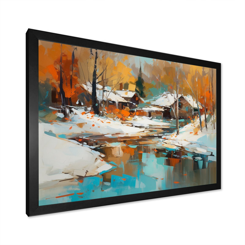 «Rumjka Bloud Snow Covered Cabin», reproduction sur toile, Cadre photo noir, H 12 po x l 20 po x P 1 po