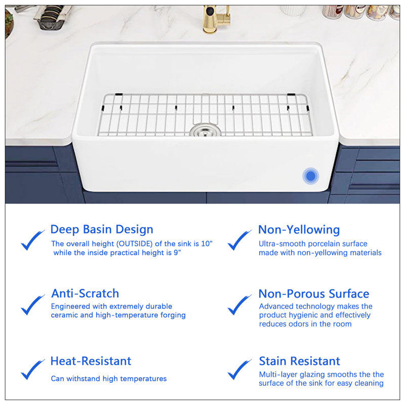 Évier de cuisine de ferme en argile réfractaire L 30 po x l 20 po avec accessoires Fireclay