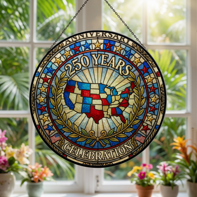 Panneau de fenêtre en verre pour décoration intérieure American Map USA 250th Anniversary ， 7,8H, H 7,8 po