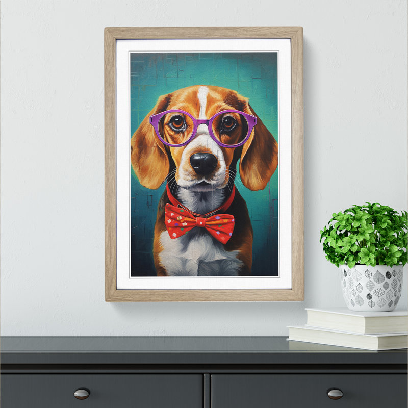 Beagle with Glasses Painting - Framed Print, Oak Framed, 34cm H x 25cm W x 2cm D