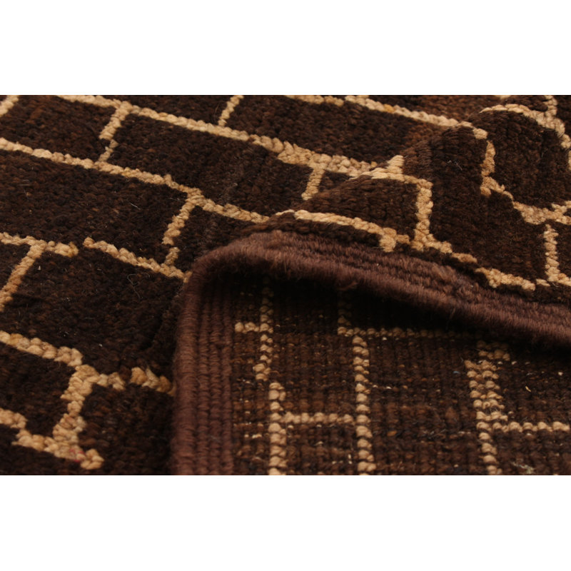 Tapis marocain brun foncé en laine nouée à la main de conception unique 4 pi 1 po x 5 pi 10 po New Age