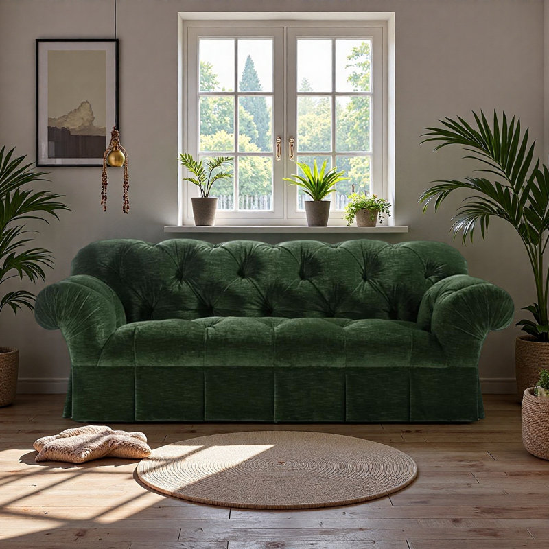 Canapé droit à boucle en chenille vert foncé